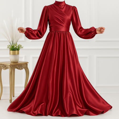 Elegant Long-Sleeved Maroon Evening Gown